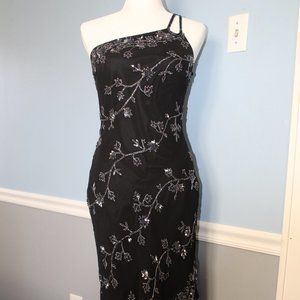 Cache asymmetrical beaded black silk dress